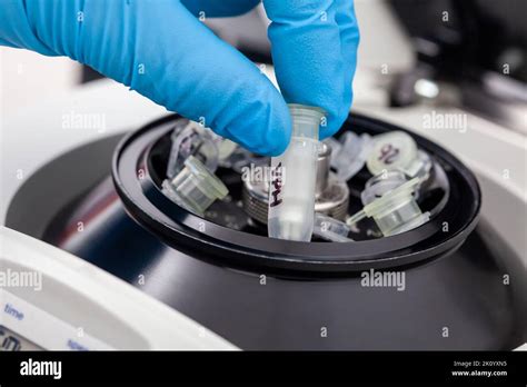 Closeup Of A Scientist Hand Placing A Tube Into An Small Table