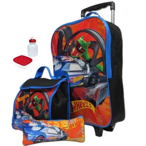 Kit Mochila Hot Wheels Carros Escolar Infantil Rodinhas Tam G Lancheira