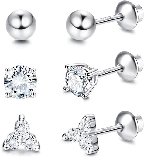 Sllaiss 3 Pairs Sterling Silver Cz Stud Earrings Screwback Silver Ball