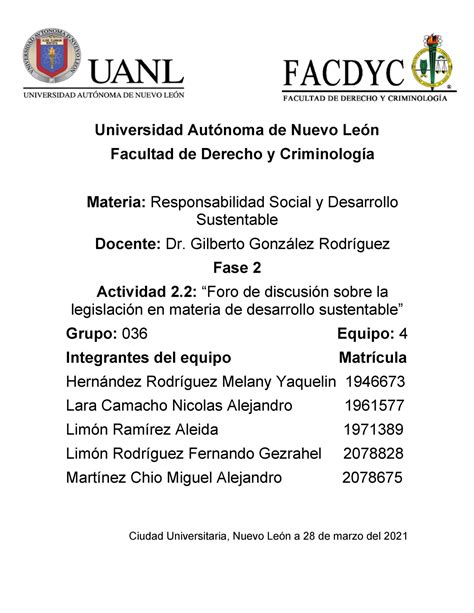 22 Foro En Responsabilidad Social Y Desarrollo Sustentable Universidad Autónoma De Nuevo León