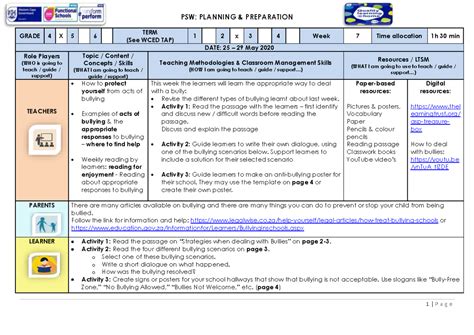 Life Skills PSWWeek 7 PSW PLANNING PREPARATION GRADE 4 X 5 6 TERM