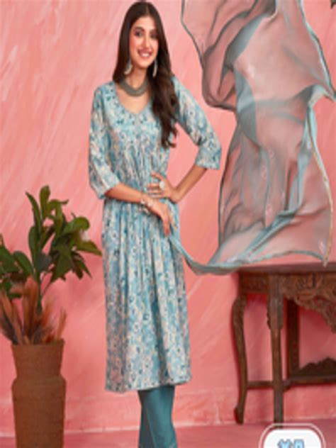 Buy Sangria Grey Floral Printed Thread Work Pure Cotton A Line Kurta