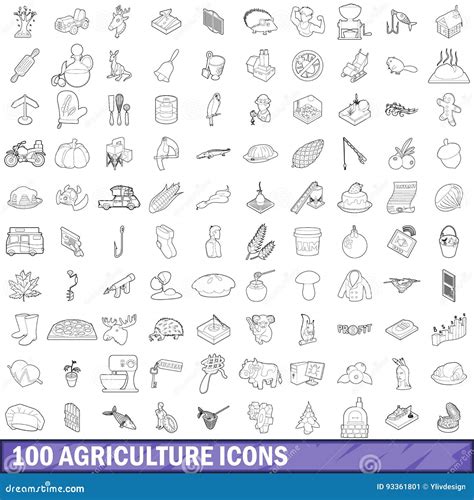 100 Iconos Fijados Estilo De La Agricultura Del Esquema Ilustración