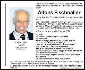 Traueranzeigen Von Alfons Fischnaller Trauer Bz