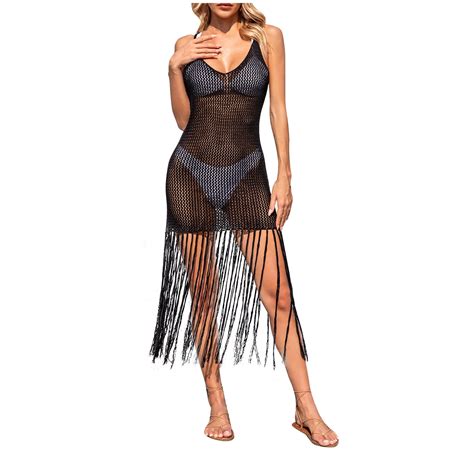 Apexfwdt Womens Swimwear Cover Ups Crochet Hollow Out Tassel Bathing Suit Coverup Bikini