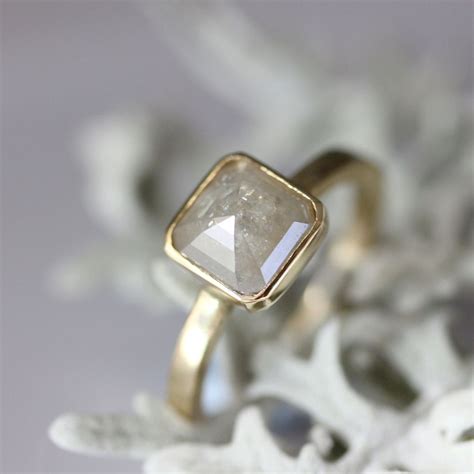 Rose Cut White Gray Asscher Cut Diamond In 14k Yellow Gold