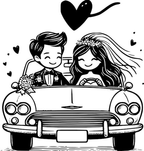 Just Married Car Cartoon Characters Love Wedding Stick Figures