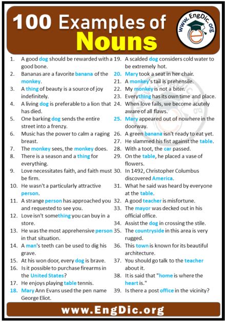 100 Examples Of Noun In Sentences Noun Examples Sentences Engdic