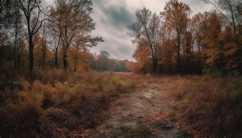 Ein Weg Durch Den Wald Mit Einem Bew Lkten Himmel Im Hintergrund