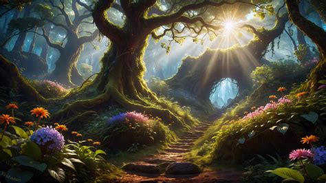 Mystical Forest Wallpaper 4K, Path, Sunlight, AI art