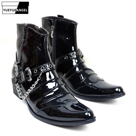 Botas Masculinas De Couro E Fivela De Rebite Estilo Punk Feita Em