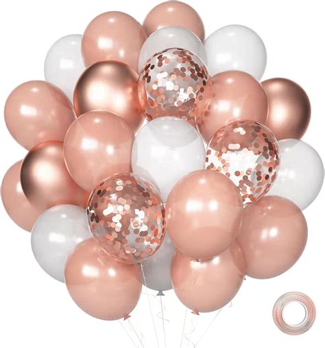 50 Pack Rose Gold Confetti Balloons 12 Inch White Latex For Birthdays