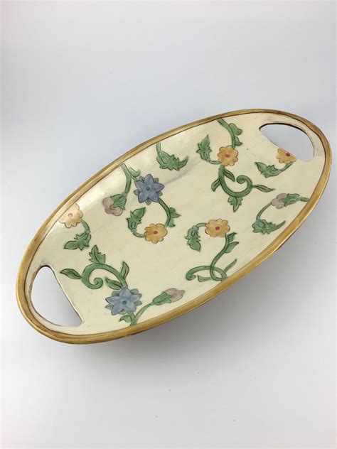 Oval Serving Bowl With Handles Hand Built And Decorated With Floral