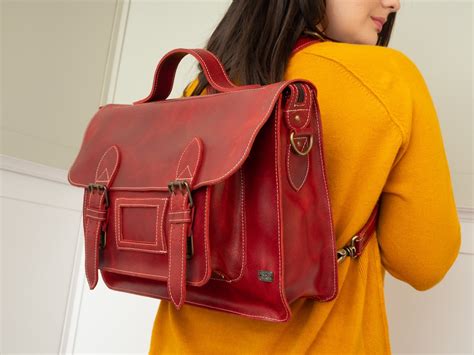 Leather Satchel Backpack Vintage Backpack Red Leather Laptop Bag For Work Bag Briefcase Women