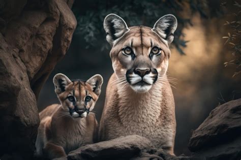 Premium AI Image | Puma with cub in natural habitat Generative AI