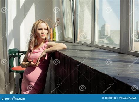 Lovely Blonde Woman Enjoying Summer Day On The Balcony Space For Text Stock Photo Image Of