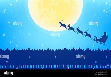 Santa Claus Flying In Reindeer Sleigh Full Moon And Fir Tree Silhouette Background Stock Vector