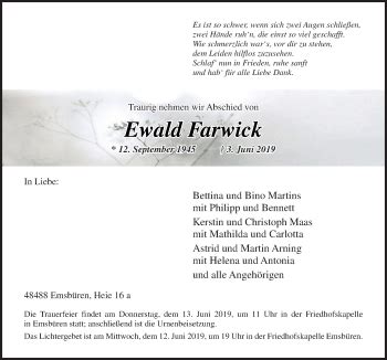 Traueranzeigen Von Ewald Farwick Noz Trauerportal