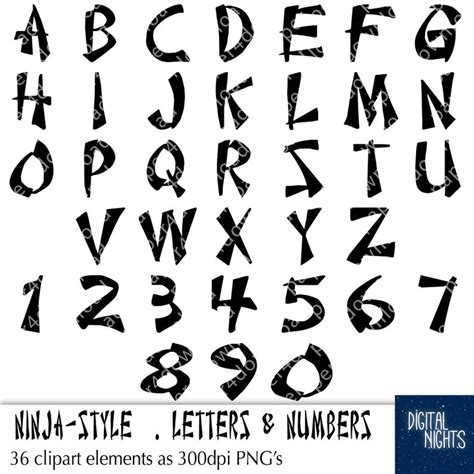 Ninja Alphabet 36 Ninja Style Letters And Numbers Clipart Digital