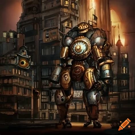 Steampunk Mecha Robot In A Futuristic City On Craiyon