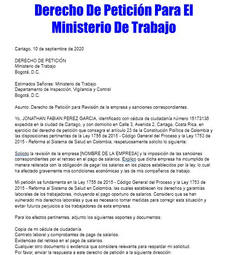 Derecho De Peticion Para El Ministerio De Trabajo TramitaloYa Co