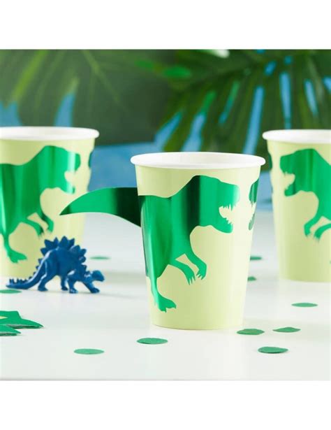 8 Gobelets en carton dinosaure verts métallisés 266 ml Vegaooparty