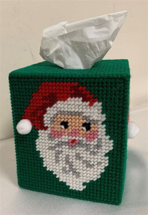 Santa Claus Christmas Decor Tissue Box Cover Coaster Set Plastic Canvas Handmade Holiday