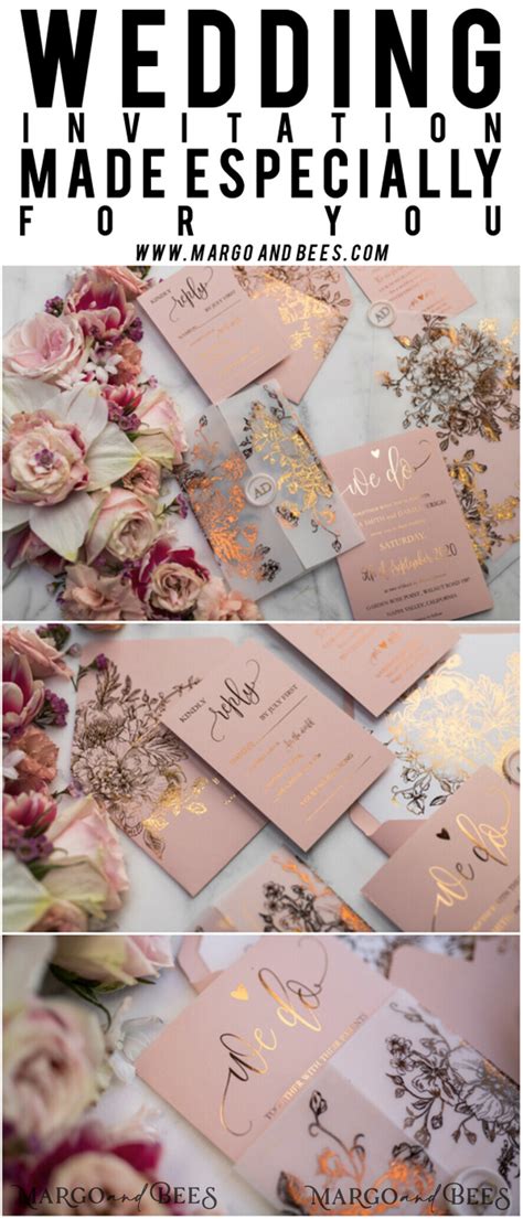 Luxury Vellum Gold Foil Wedding Invitations Elegant Blush Pink Wedding