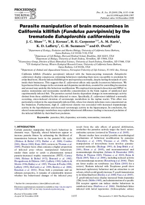 Pdf Trematode Euhaplorchis Californiensis Alters Monoamines In Killifish