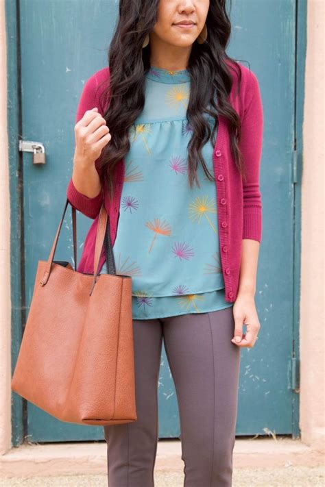 Turquoise Blouse With Cardigan And Grey Pants Outfit Closeup Grey Pants