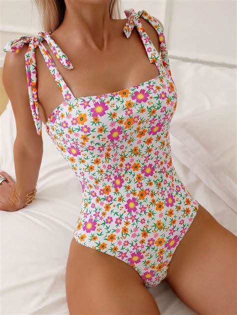 Ditsy Floral Print Tie Shoulder One Piece Swimsuit In 2024 Cute One