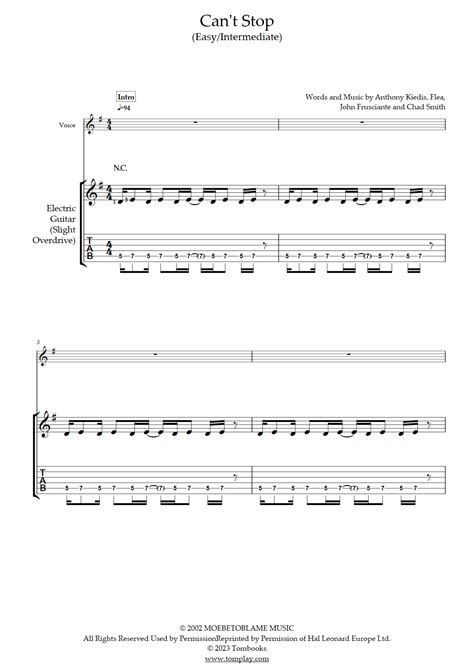 Can t Stop niveau facile intermédiaire guitare électrique Red Hot Chili Peppers Tablature