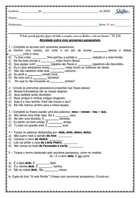 Atividade Sobre Pronomes Possessivos RETOEDU