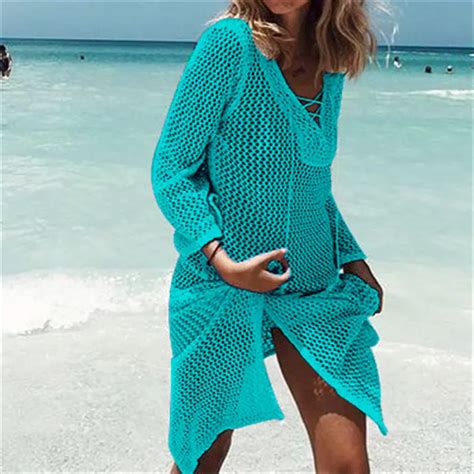 Lace Up Knitted Hollow Out Beach Dress Tunic 2021 Summer Women Bikini Cover Up Crochet Long