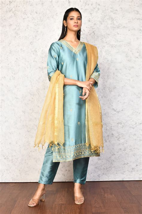 Buy Blue Kurta And Pant Taffeta Silk Embroidery Flower Butti V Neck Set