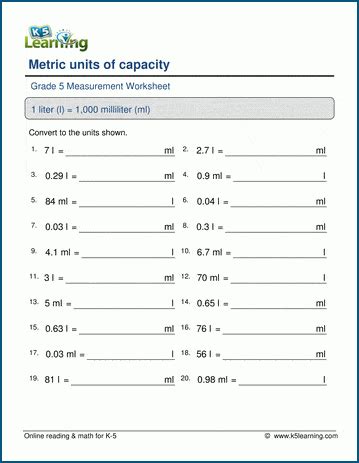 metric capacities  volumes worksheets  learning