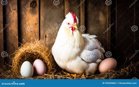 Galinha Senta Sobre Grama Seca Ao Lado De Ovos De Galinha Ilustra O