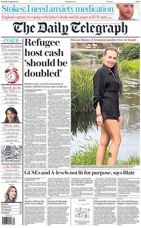 Daily Telegraph Front Page 23rd Of August 2022 Tomorrows Papers Today