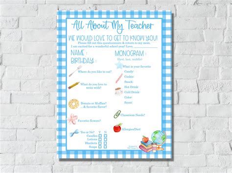 Printable Teacher Questionnaire All About My Teacher Blue Get To Know