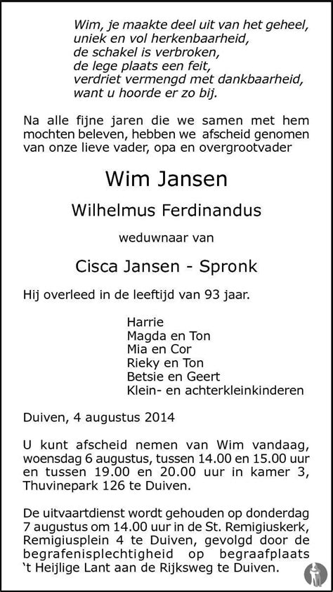 Wilhelmus Ferdinandus Wim Jansen 04 08 2014 Overlijdensbericht En