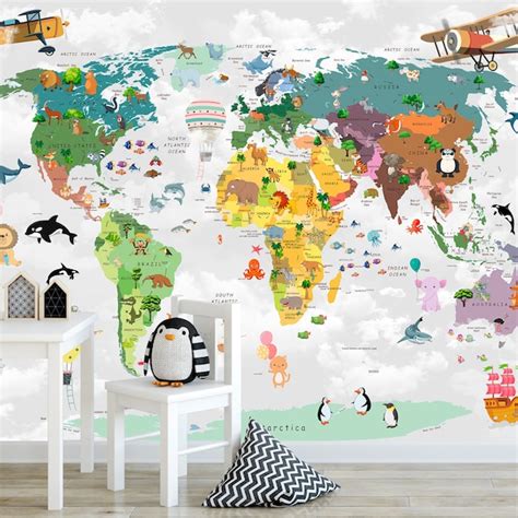 Kids World Map Wallpaper Nursery Wall Mural Kids Peel And - Etsy