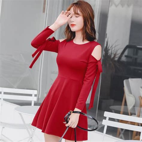 Korean Autumn And Winter Red Dress Women Off Shoulder Bow High Waist Sexy Dresses Fashion Chic O