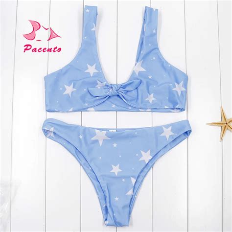 Pacento Cute Bow Sky Blue Stars Bikini Brazilian Crop Top Tank Swimsuit