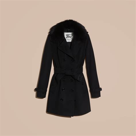 Fox Fur Collar Wool Cashmere Trench Coat In Black Women Burberry