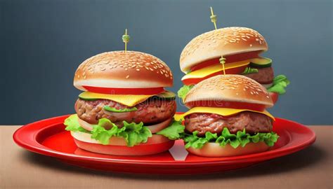 Layered Illusions Photorealistic Hamburgers On A Red Plate Stock