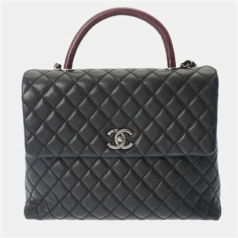 Chanel Navy Blue Caviar Leather Lizard Trimmed Medium Coco Top Handle