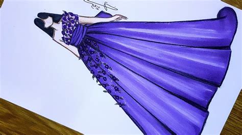 تعلم رسم فستان سهرة جميل باللون البنفسجي 💜 سهل جدا بالخطوات رسم فساتين