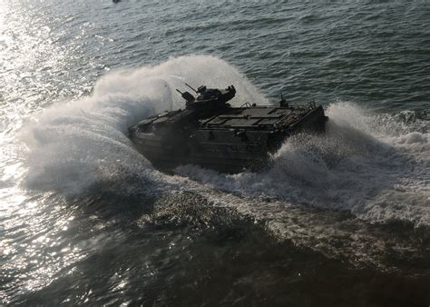 Usmc Amphibious Assault Vehicle Aav Departs The Well Deck Of Uss Gunston Hall Military