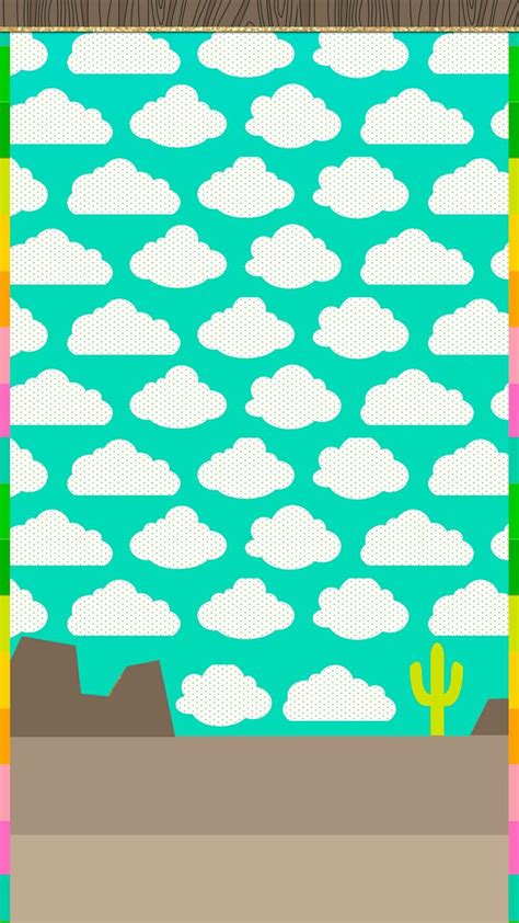 A Colorful Background With Clouds And Cactuses On The Ground In Front