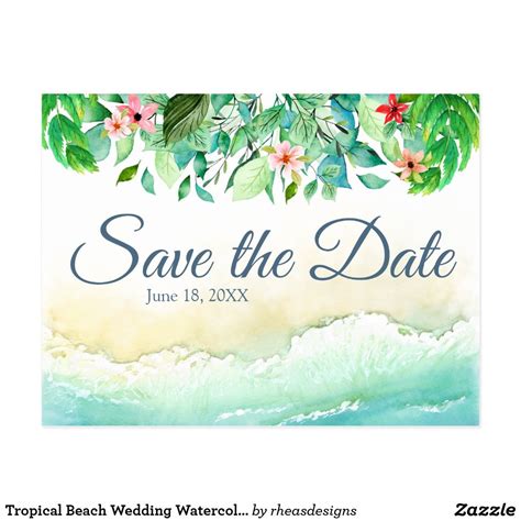 Tropical Beach Wedding Watercolour Save The Date Postcard Tropical Beach Wedding